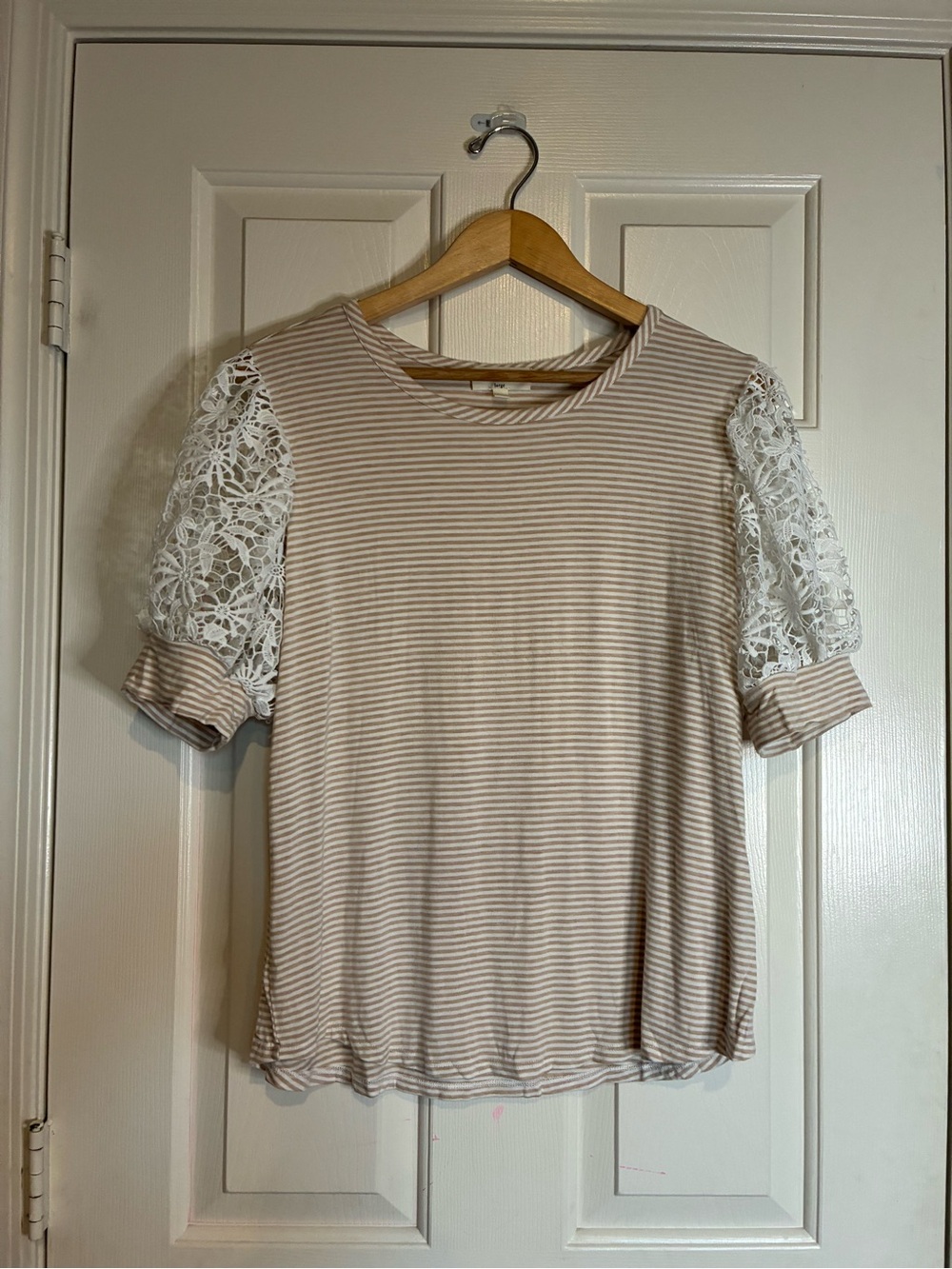 Kim & Cami Beige and White Striped Top with Lace Puff Sleeves